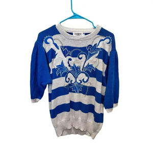 Vintage Cervelle Blue & White Embroidery Pullover Sweater Size Large